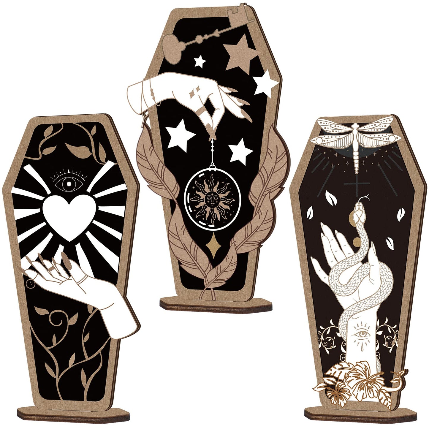 3-Piece Gothic Home Decor: Witch Hand Wooden Coffin Sign, Spooky Hands Stars Hearts Table Desk Accessories for Halloween Party Supplies