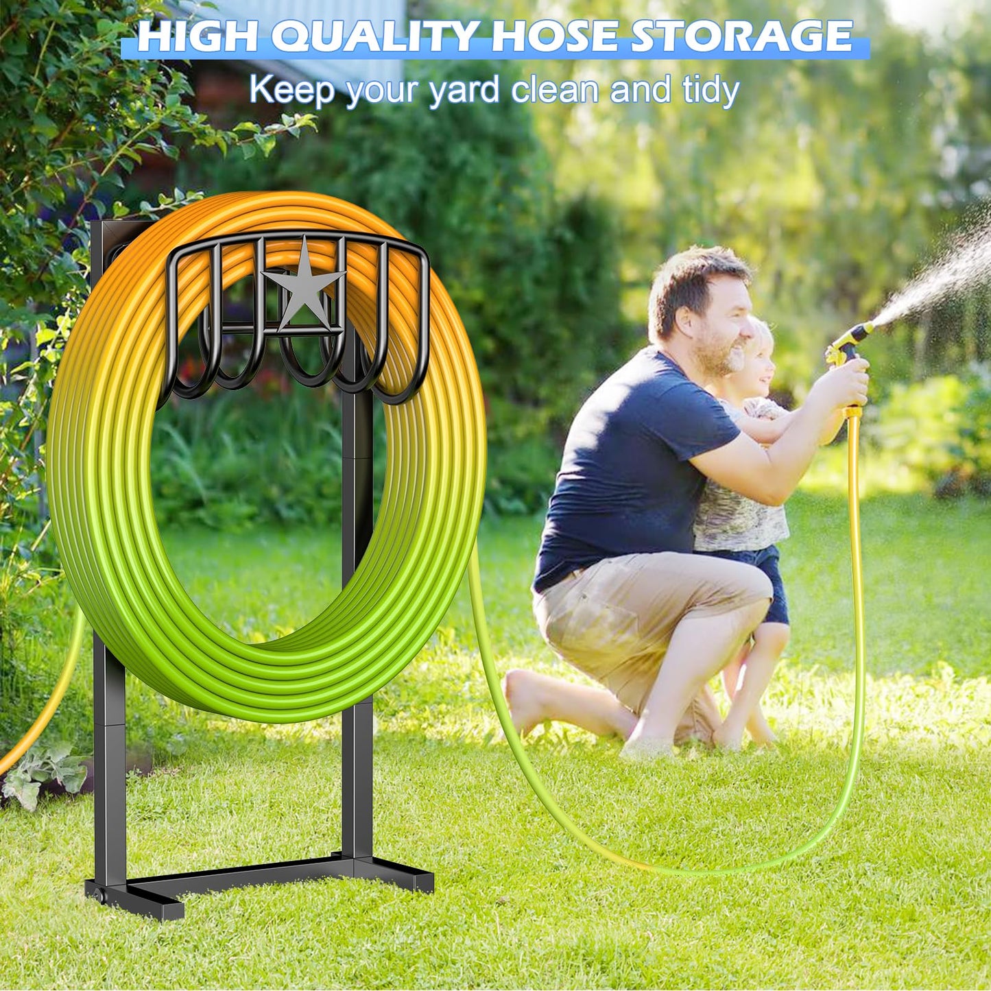 Mogaath Garden Hose Holder, Heavy Duty Freestanding Metal Stand, 165FT Garden Hose Storage with 4-Spike Stable Base, Rustproof Water Hose Holder for Outdoor Yard Lawn Garden Black