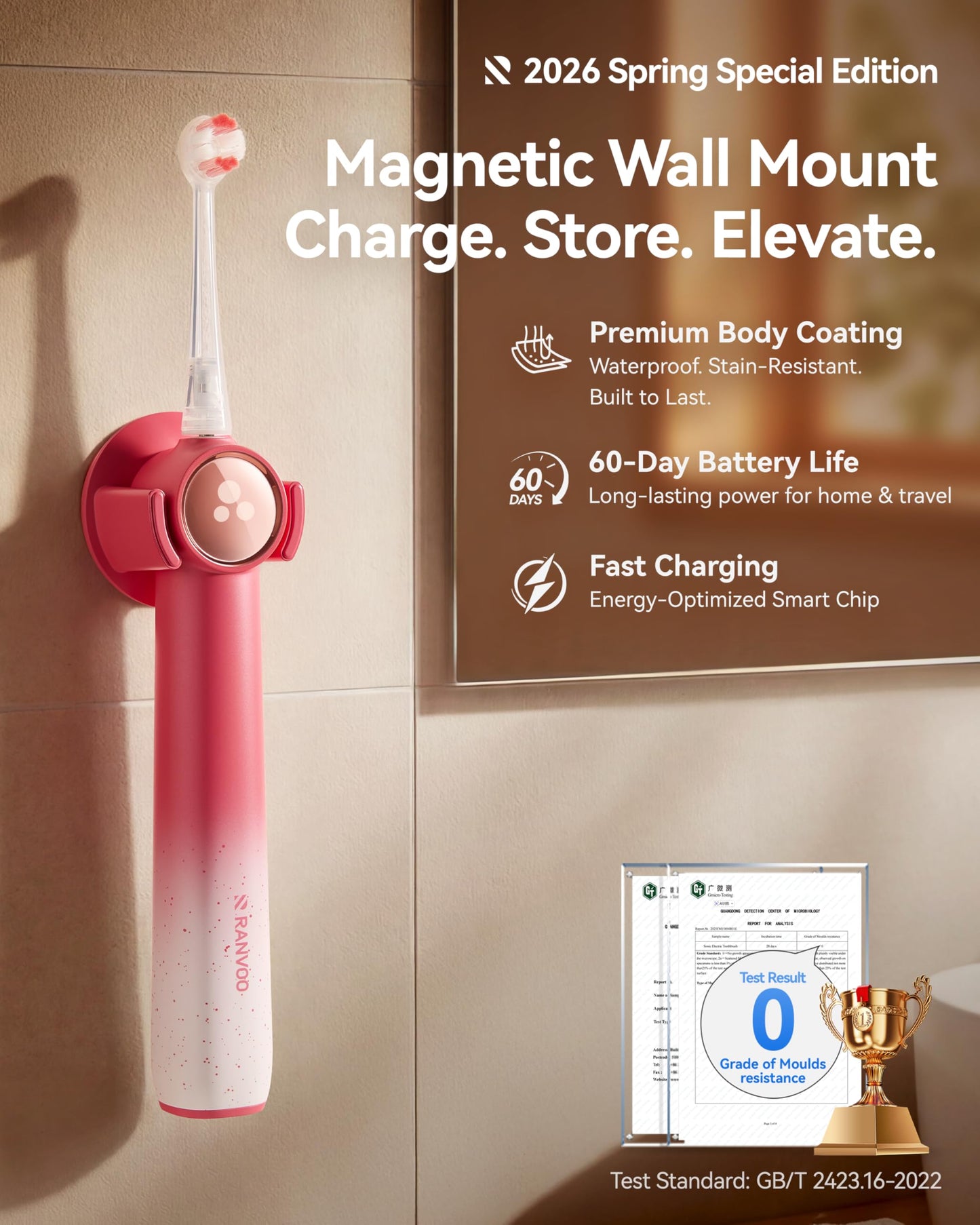 RANVOO AirJet X5 [Gift-Ready Pink Edition | Next-Gen Jet-Flow] Electric Toothbrush, 100% Plaque Removal, Whitening & Gum Care, 60-Day Battery Life, Rechargeable with 3 Pro Brush Heads, Cyclamen Pink