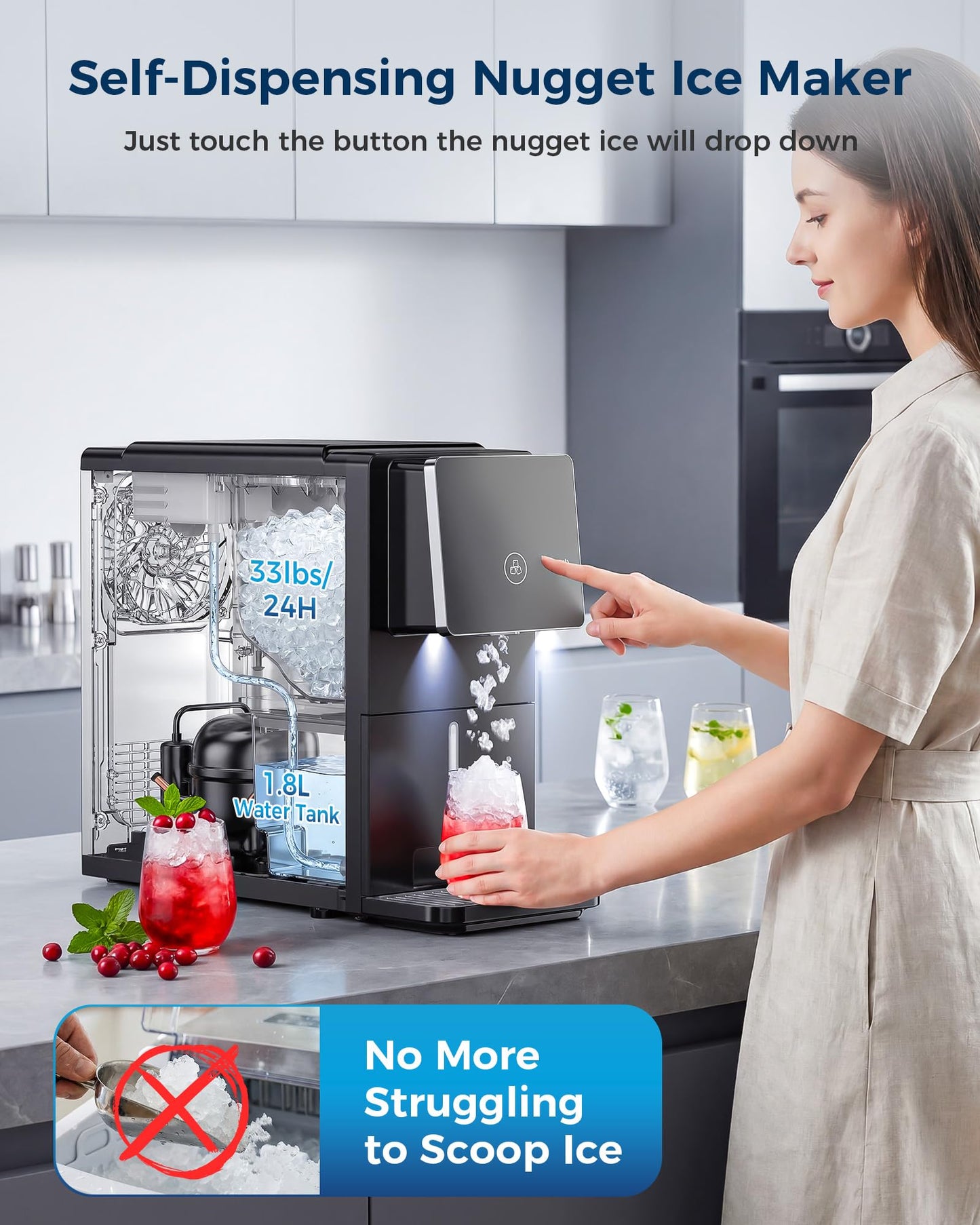Nugget Ice Makers Countertop, 33lbs/24H Pebble Ice Maker with 1.8L Water Tank, Self-Cleaning, Portable Pellet Ice Machine with Self-Dispensing for Home/Kitchen/Office
