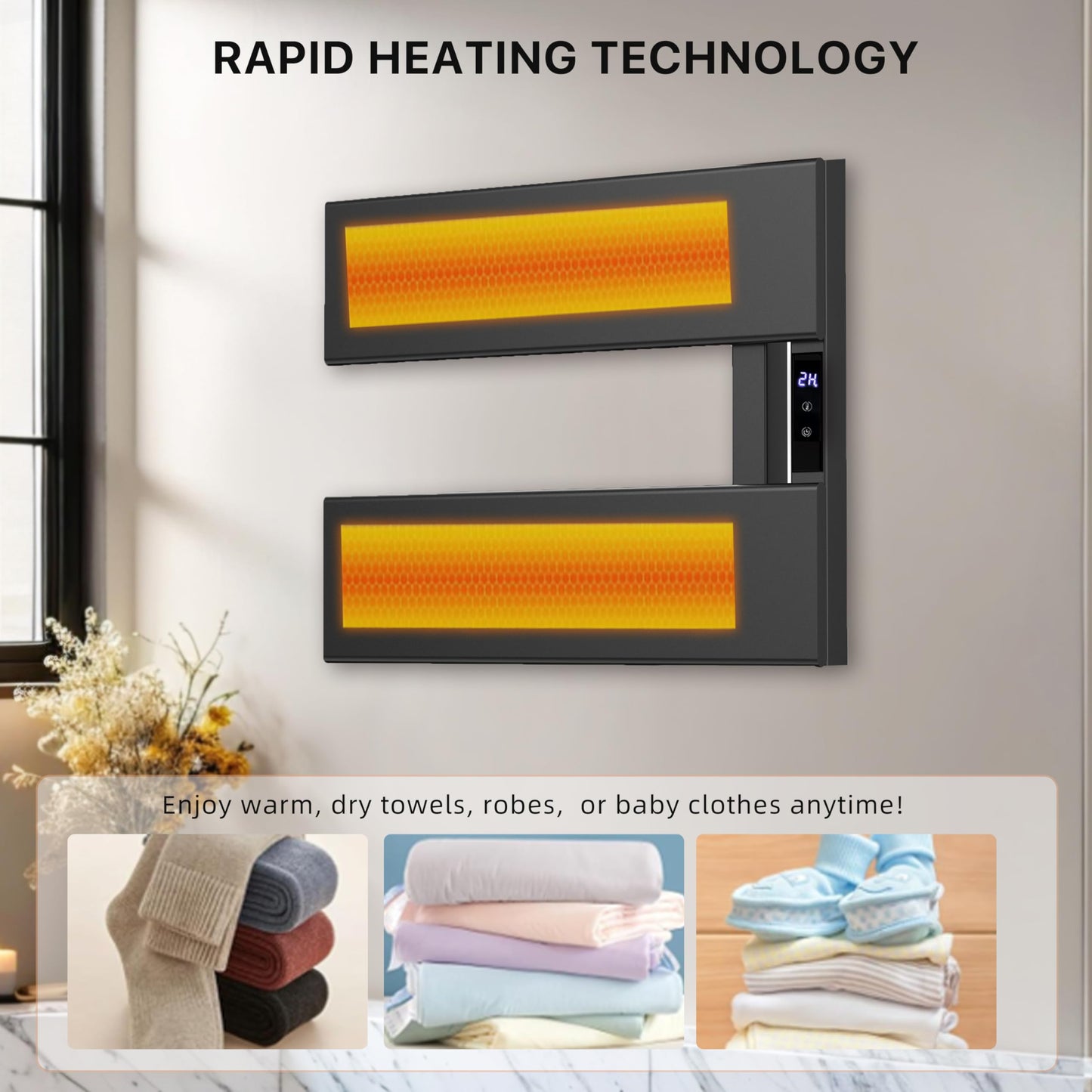 EIKANIOS Electric Heated Towel Warmer Rack - Wall-Mounted with Timer & Temperature Control, Plug-in/Hardwired, Fast Heating, Smart Touch Panel