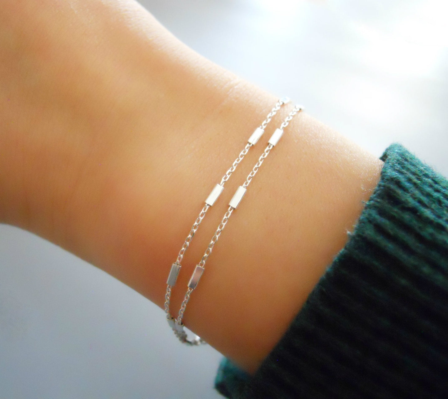 Annika Bella 925 Sterling Silver Double Layered Bracelet, Length 6.5-7.5 Inches, Chain Bracelets for Women, Waterproof Minimalist Women's Jewelry (Satellite Bar Chains)