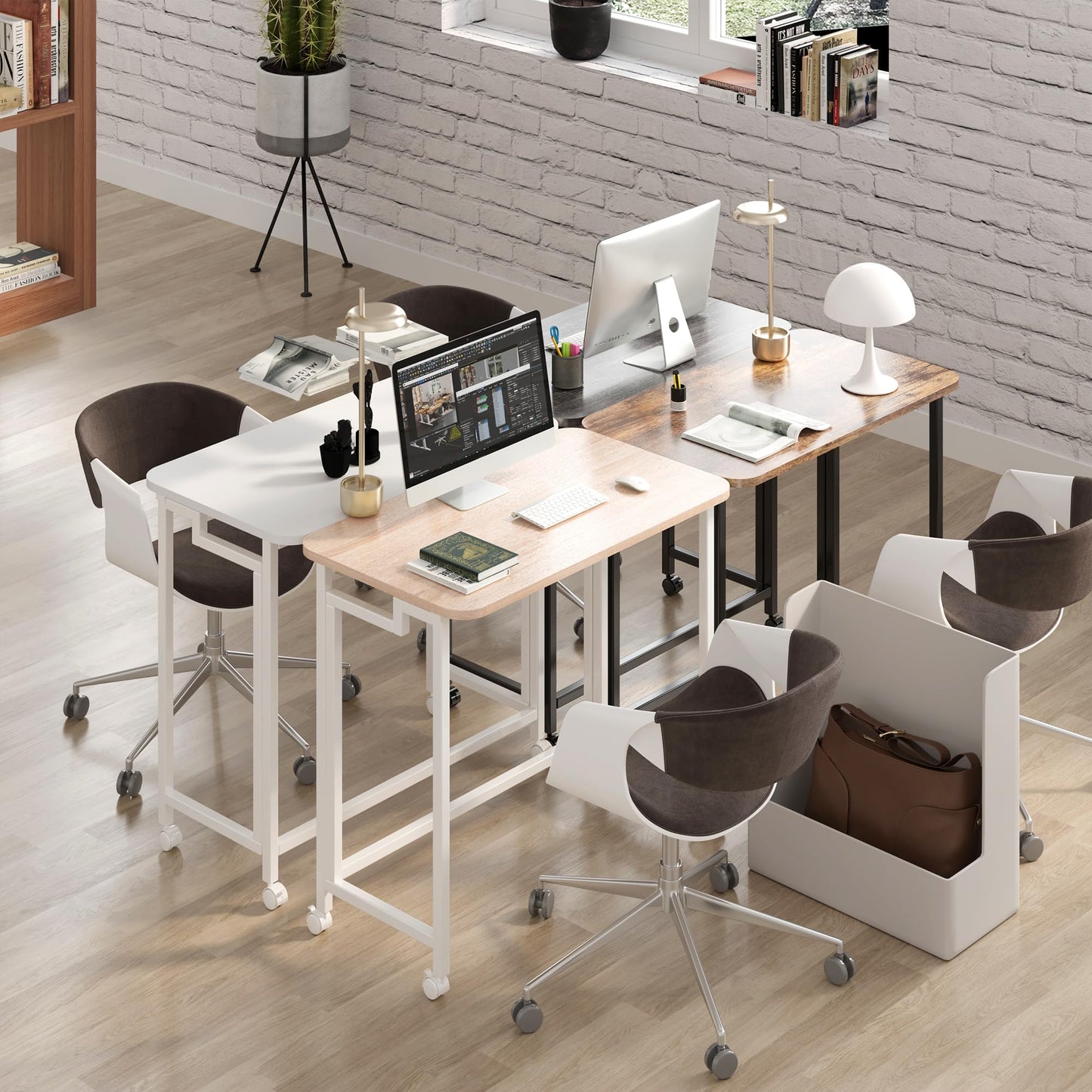 JSB Small Folding Computer Desk with Wheels Writing Modern Industrial Work Table Laptop for Home Office (Rustic & Brown, 23.6")