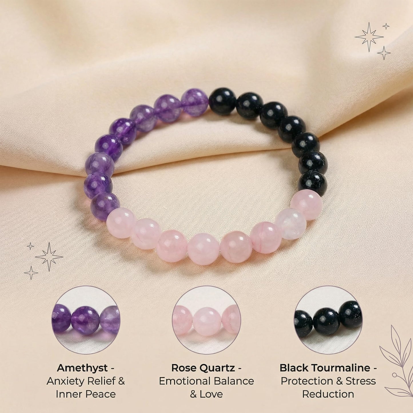 Bivei Anxiety Relief Bracelet, Strength Crystal Healing Bracelet 8MM with Amethyst & Rose Quartz & Black Tourmaline - Spiritual Stretch Beaded Jewelry for Women Men Gift