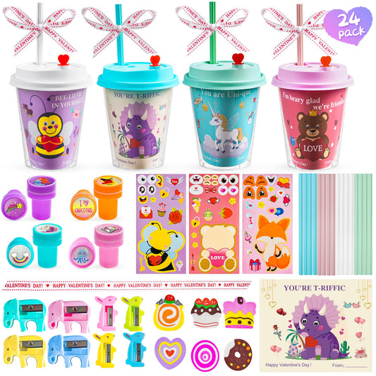24 pcs Valentines Day Gifts for Kids Classroom - Valentines Day Stationary Set Gift with Cards for School,Valentine exchange valentines party favors for kids boys girls,Valentines goody bag filler.