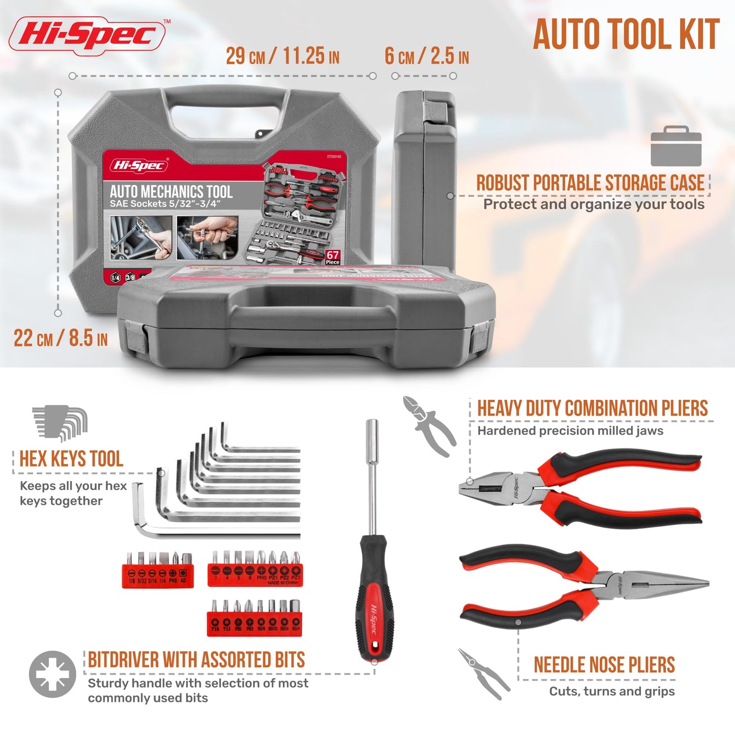 Hi-Spec Tools 67pc SAE Auto Mechanics Hand Tool Kit Set. Complete Car, Motorcycle, Engine & Garage Repairs with Sockets, Ratchet Wrench, Pliers & More