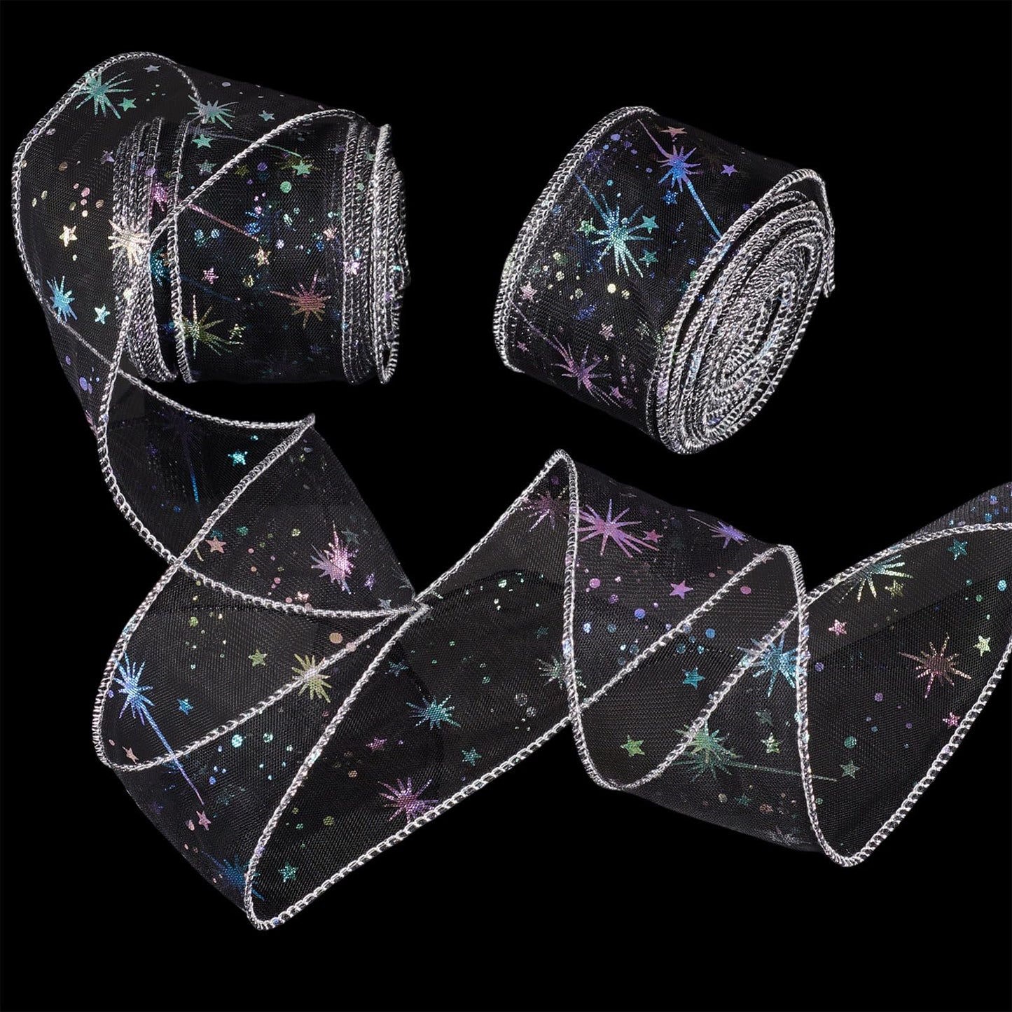 Beadthoven 20 Yards Organza Ribbon Black 2-1/8 inch Iridescent Glitter Star Print Sheer Ribbon Tulle Fabric Mesh Ribbons for Gift Wrapping, Bows, Floral Bouquets, DIY Crafts, Wedding, Party