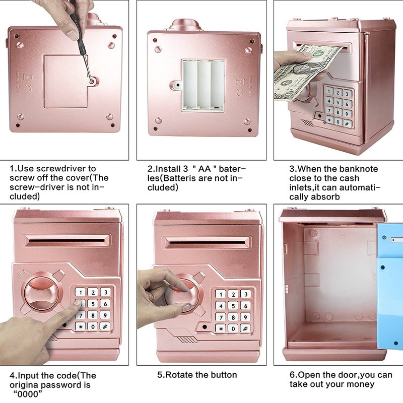 Suliper Electronic Piggy Bank Code Lock for Kids Baby Toy, Mini ATM Safe Coin Cash Banks Real Money Saving Box with Password, Auto Money Scroll for Children,Boys Girls Birthday Gift (Rose Gold)