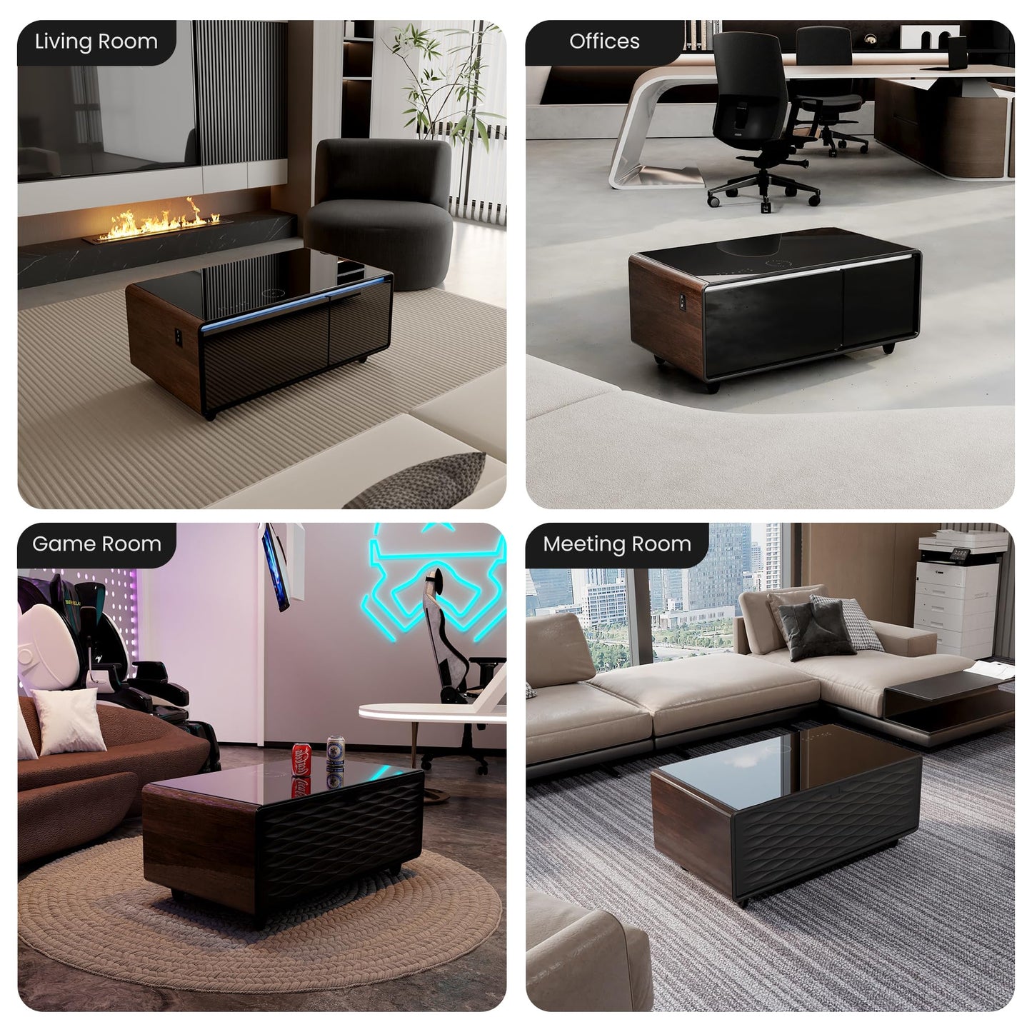 AXIOS Smart Coffee Table with Fridge Modern Smart Coffee Table with Built in Speakers and Wireless Charging for Living Room Table 23" D X 41.5" W X 18.2" H Dual USB and Type-C Charging Ports Brown