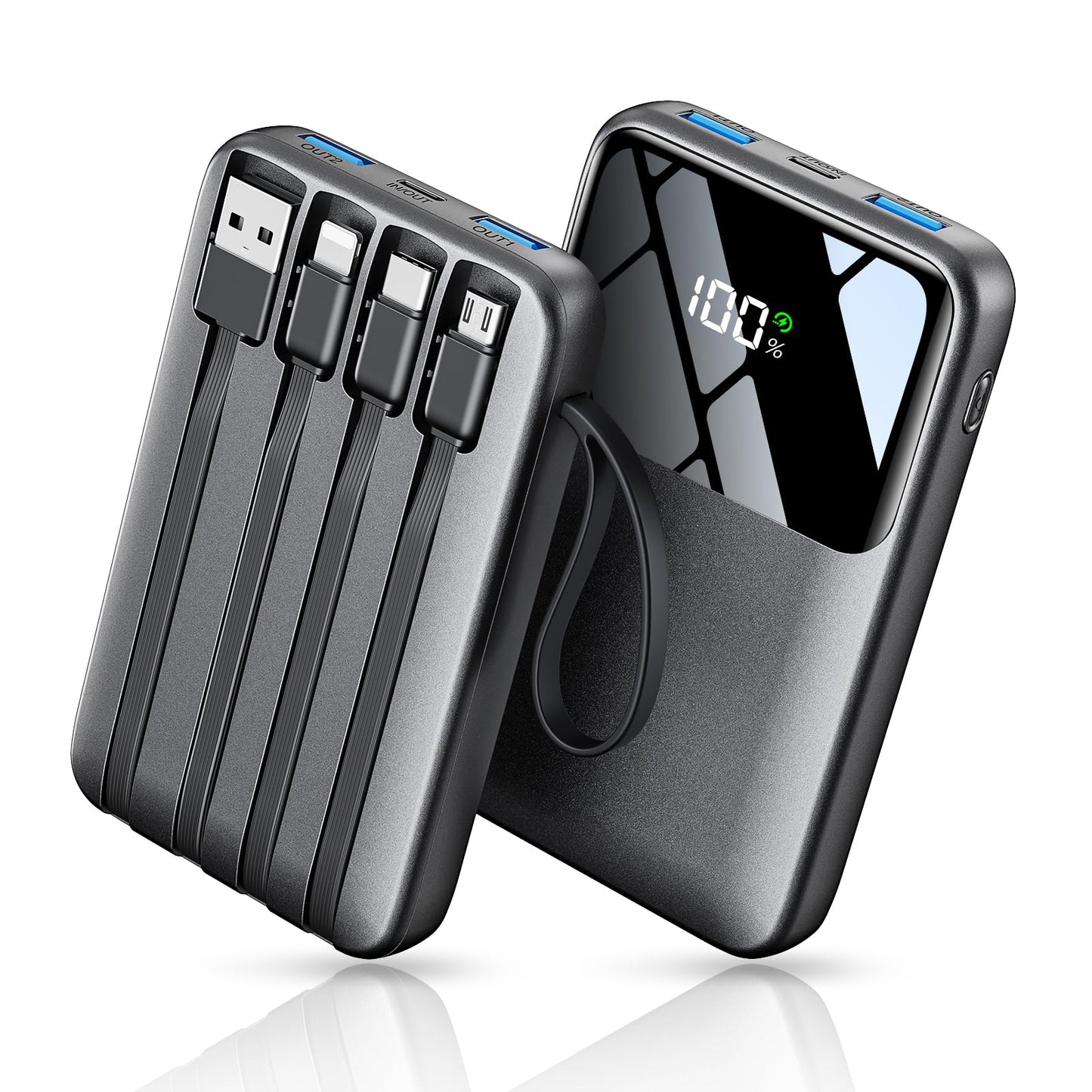 Power Bank, 15000mAh Portable Charger with Built in Cable, 22.5W Fast Charging, 6 Outputs, Slim Travel Essential Battery Pack with LED Display, Compatible with iPhone 17/16/15/14/13, iPad Black