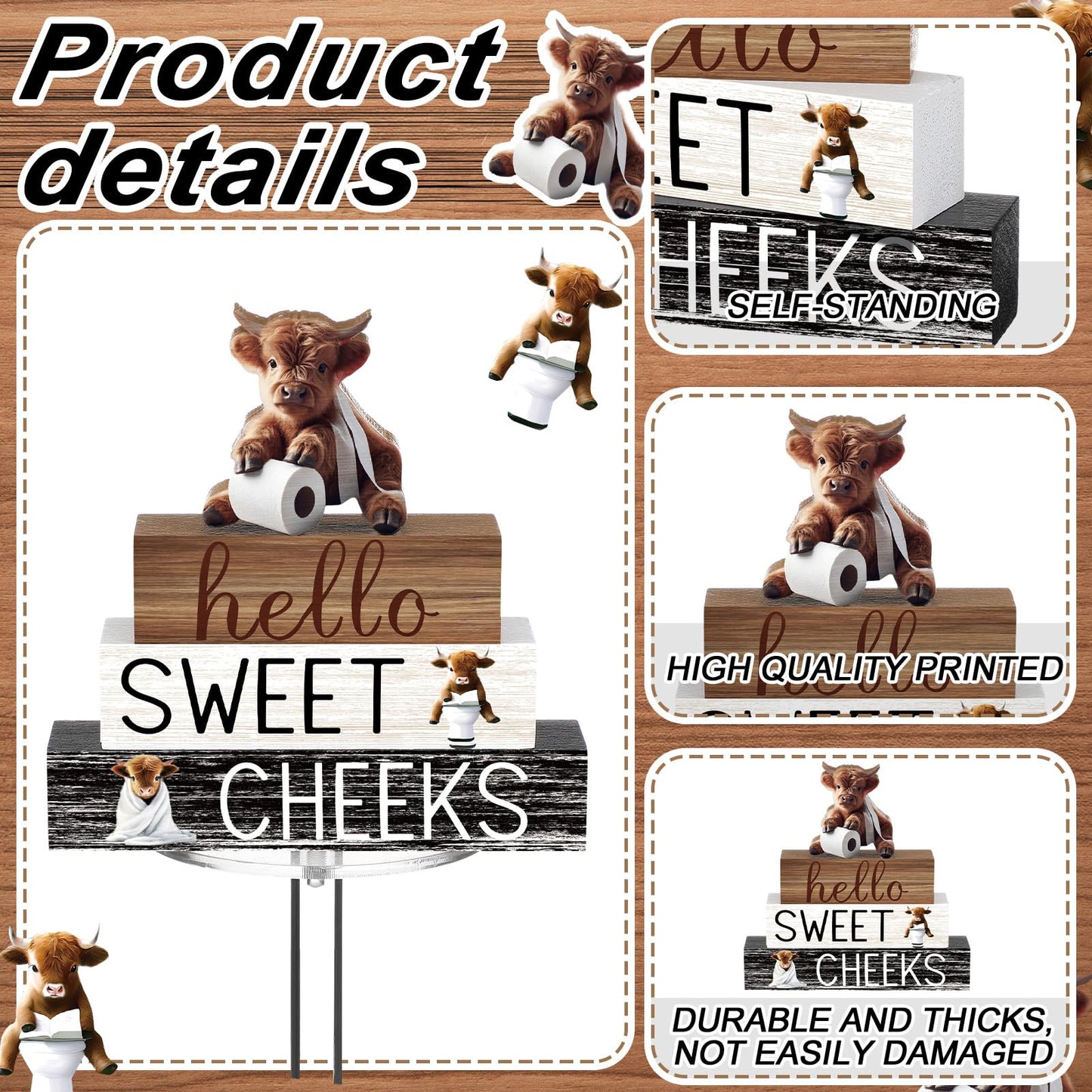 Cinnvoice 4 Pcs Highland Cow Bathroom Decor Farmhouse Bathroom Decoration Western Hello Sweet Cheeks Table Centerpiece Gift for Christmas Valentines Back to School