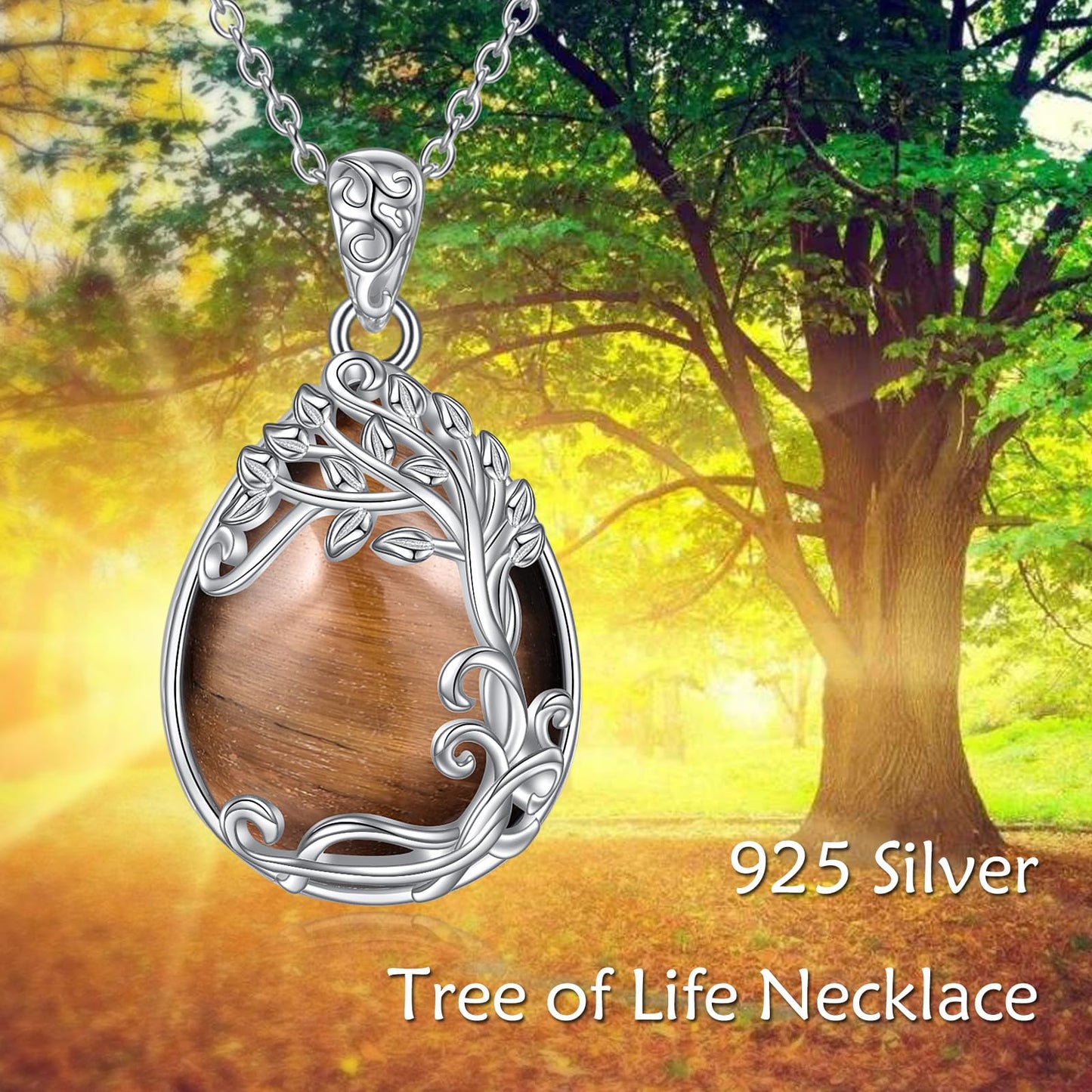 YAFEINI 925 Sterling Silver Tiger Eye Stone Necklace Tree of Life Teardrop Pendant Necklace Jewelry for Women (XX-Tiger Eye Stone Tree of Life Necklace)