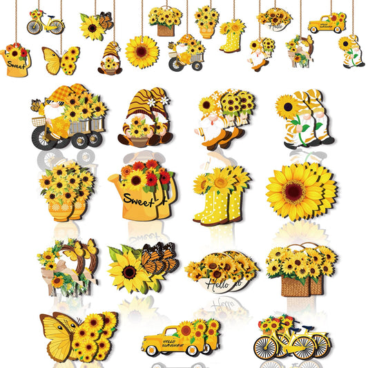 AFWHGM Sunflower Summer Wooden Ornaments Set - 30 Pcs Sunflower Tree Ornaments Garden Gnome & Flower Decor for Tree, Spring to Summer Home and Party Decorations