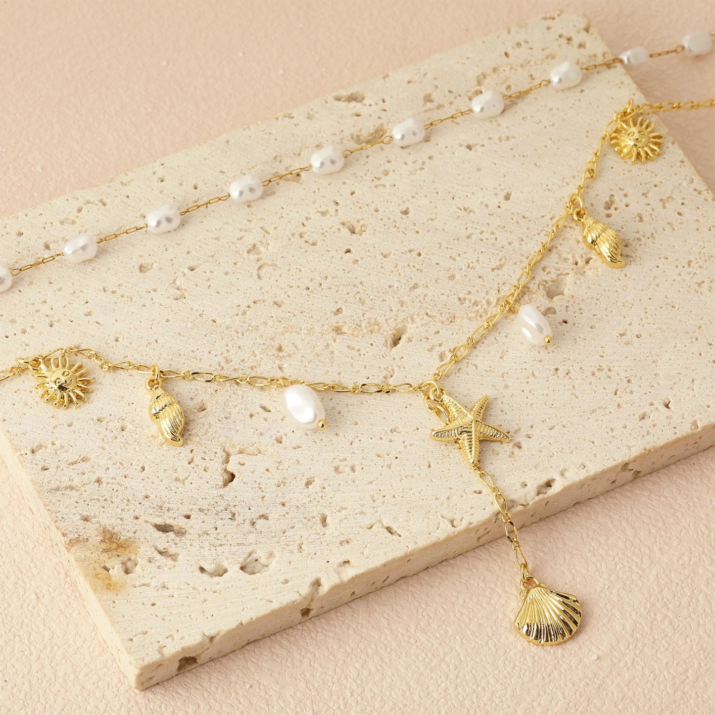 JALZEMPL Shell Charm Necklace For Women Stack Seashell Pearl Dainty Starfish Beach Layered 14k Gold Plated Pendant Summer Boho Jewelry Gifts (Style A)