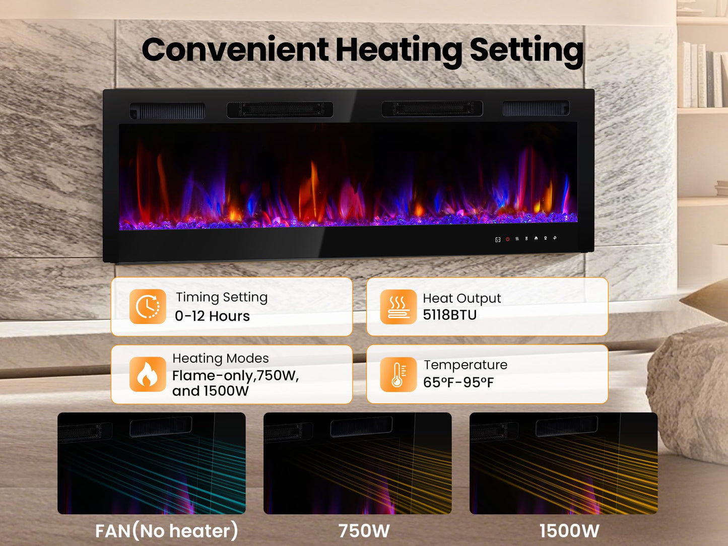 RealSmart Electric Fireplace Heater Inserts 60" Wall Mounted Electric Fireplace 750W/1500W in-Wall Recessed Heaters with Remote Control,Fit for 2 X 6 stub,12 Adjustable Color Flame & Brightness,Timer