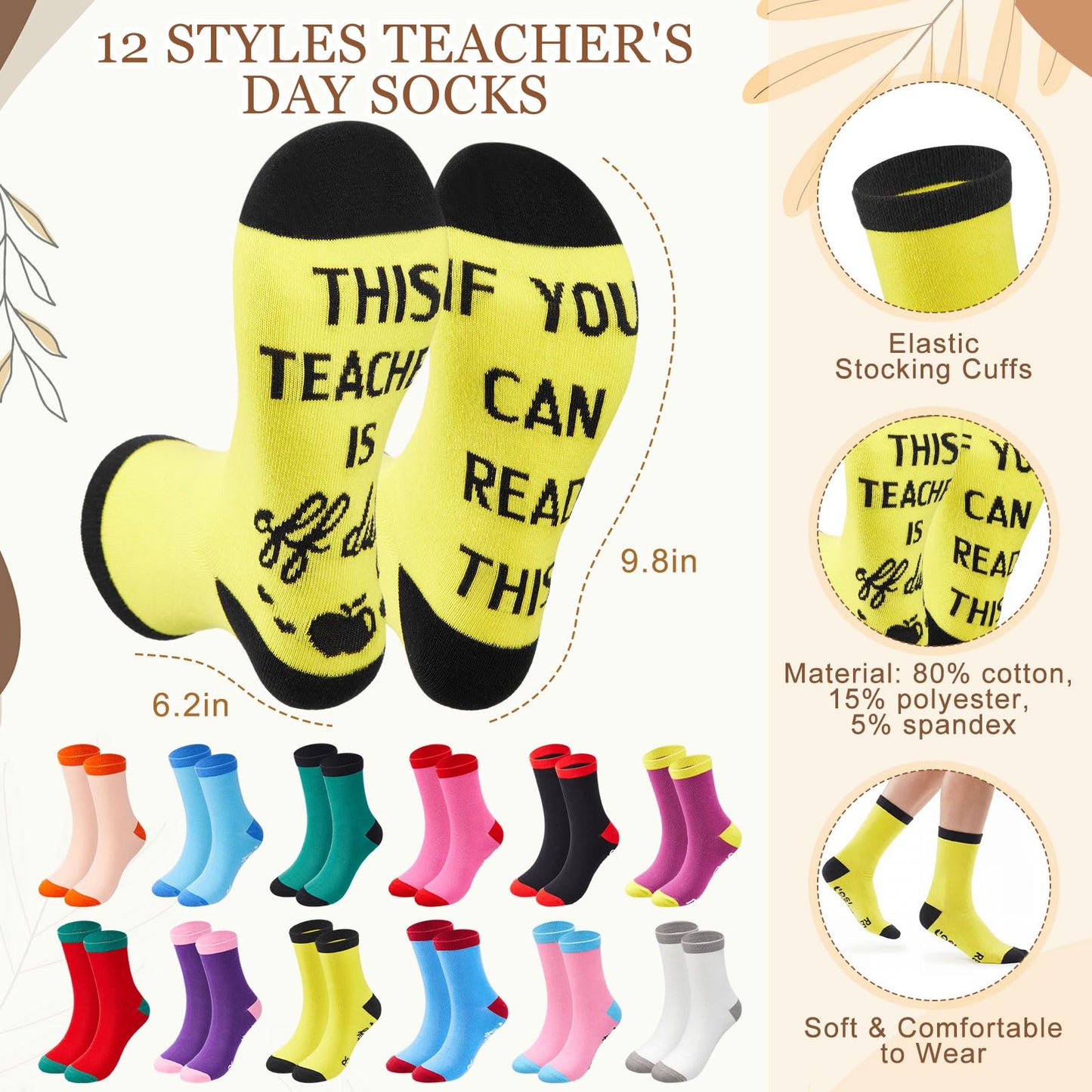 Pickmesh 12 Sets/61Pcs Teacher Appreciation Gifts for Women, Teachers Socks, 16oz Bright Coffee Cups, Canvas Makeup Bags, Clear Bag with Cards & Ribbon Thank You Gifts for Teacher Week Back to School
