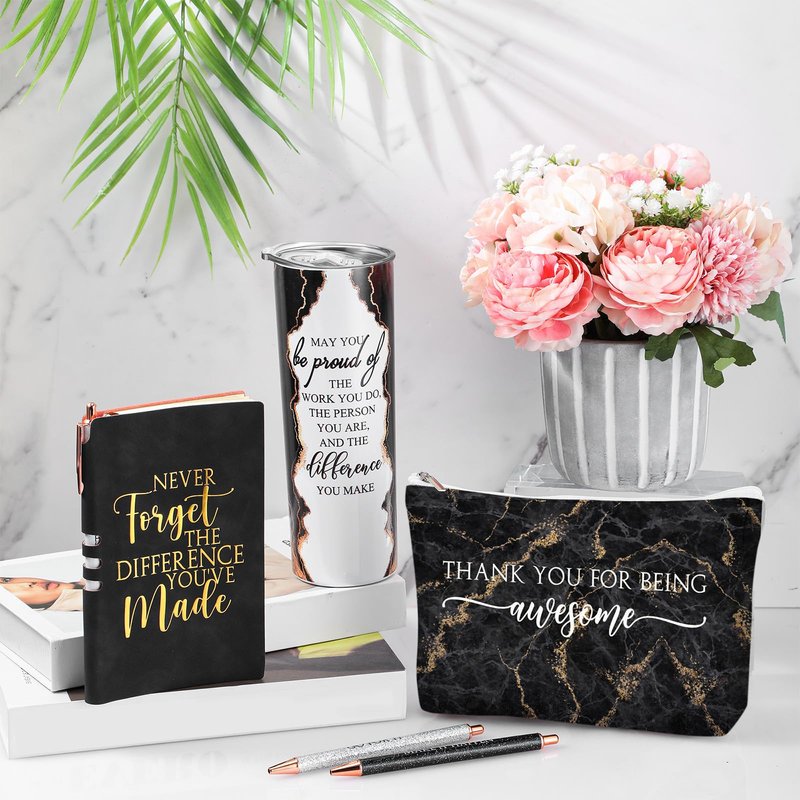 Domensi 6 Pcs CNA Week Thank You Gift Employee Appreciation Gift for Women Teacher May You Be Proud 20 oz Rustic Marble Sign Tumbler Makeup Bag Journal for Graduation Work Business(Black)