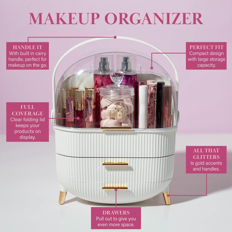 Paris Hilton Makeup Storage Organizer with Lid, Cosmetics and Skincare Organizer for Vanity, Portable Makeup Storage Box for Countertop, Fluted Design with Gold Accents, White