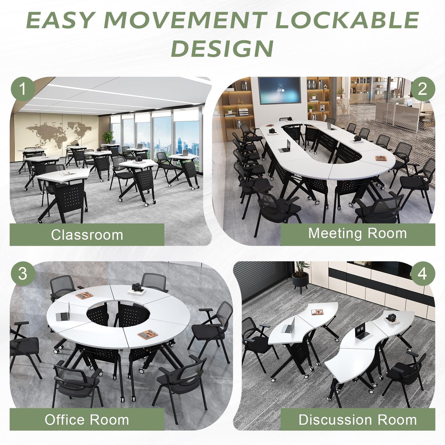 JFazzruit Folding Conference Table,Fan-Shaped Conference Room Tables with Wheels, Mobile Modular Seminar Meeting Desk for Classrooms,Office & Seminar (4, Fan-White)