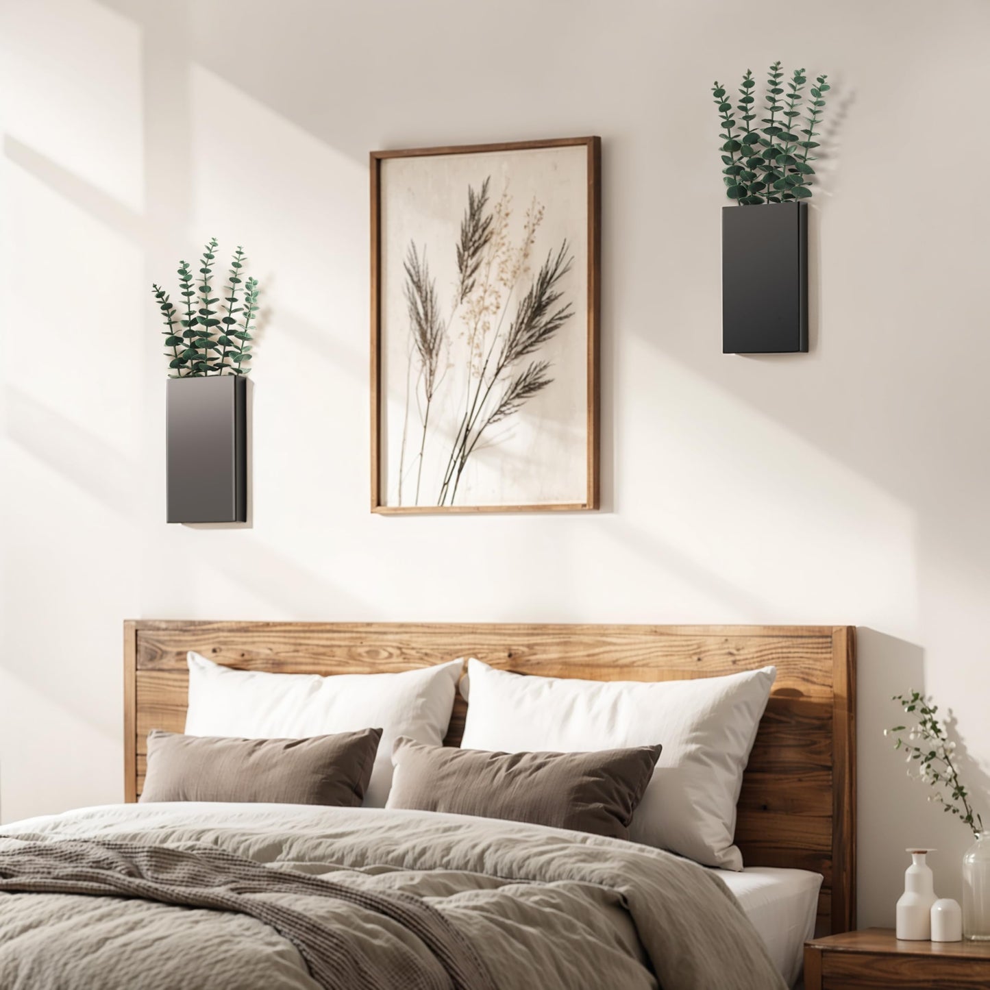 2 Pack Metal Wall Planter Vases Decor with Artificial Eucalyptus, Modern Farmhouse Rustic Hanging Pocket Planters for Indoor Greenery and Flowers, Living Room Bedroom Kitchen Decoration, Black