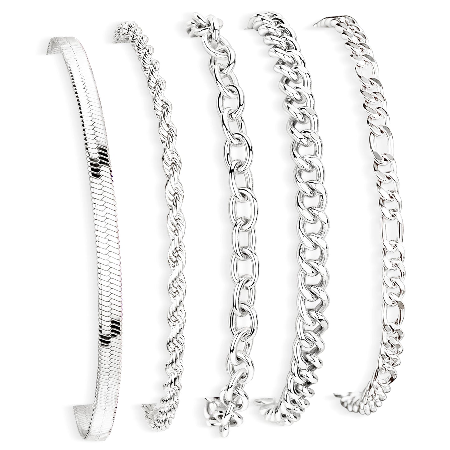 Poxtex Dainty Silver Bracelets for Women, Silver Bracelet Set Waterproof,Trendy Silver Bracelet Set StackableSimple Cuban Snake Rope Paperclip Chain Bracelet Jewelry Gifts for Women