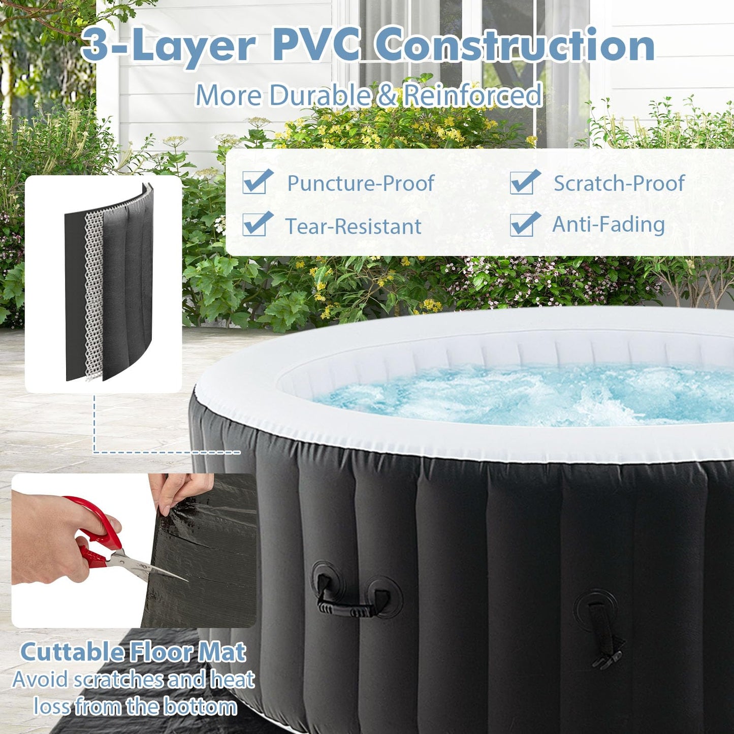 GYMAX Hot Tub, Inflatable Hot Tub with 130 Soothing Bubble Air Jets, Insulated Lockable Cover, Ground Mat & Filter Cartridges, Outdoor Blow Up Spa Tub for Backyard, Patio (Round, 2-4 Person)