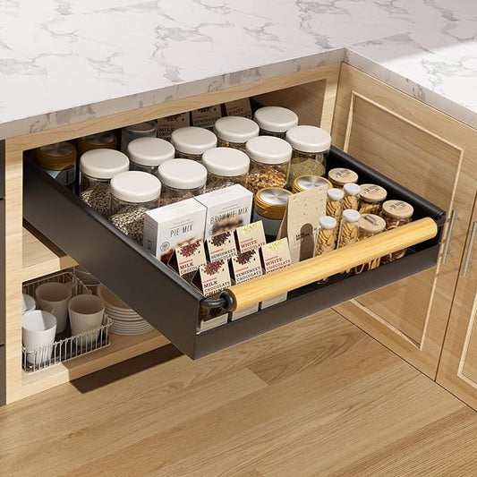 Pull Out Cabinet Organizer, 15.3'' Deep Expandable Slide Out Cabinet Organizer Fixed with Adhesive Nano Film, Slide Out Drawers Pull Out Tray for Cabinet in Kitchen, Pantry, Bathroom, Black