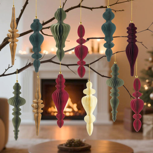 12Pcs Finial Christmas Ornaments for Tree, 3D Paper Honeycomb Hanging Decorations Neutral Boho Christmas Honeycomb Ornaments Lanterns for Xmas Tree Winter Wedding New Year Holiday Party Home Decor