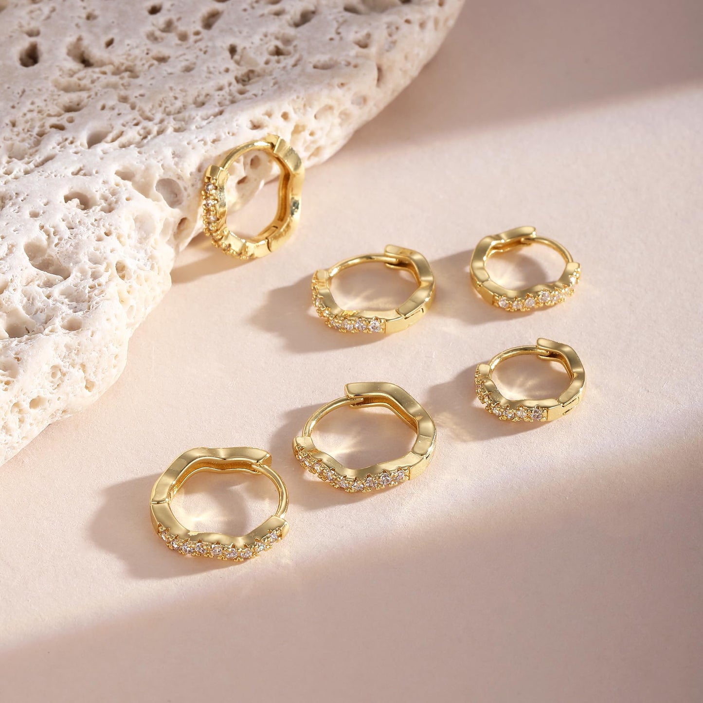 CAROVO 3 Pairs Gold Hoop Earrings for Women Trendy Dainty 14K Gold Plated Cubic Zirconia Wave Huggie Hoop Earrings Stack for Multiple Piercing Jewelry