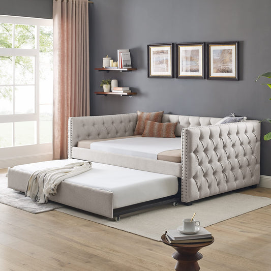 Acosure Upholstered Full Size Daybed with Trundle Twin,Solid Wooden Sofa Bed Frame W/Button Tufted & Copper Nail on Square Arms,No Spring Box Need,Bedframe for Living Room Bedroom Dorm,Beige Linen