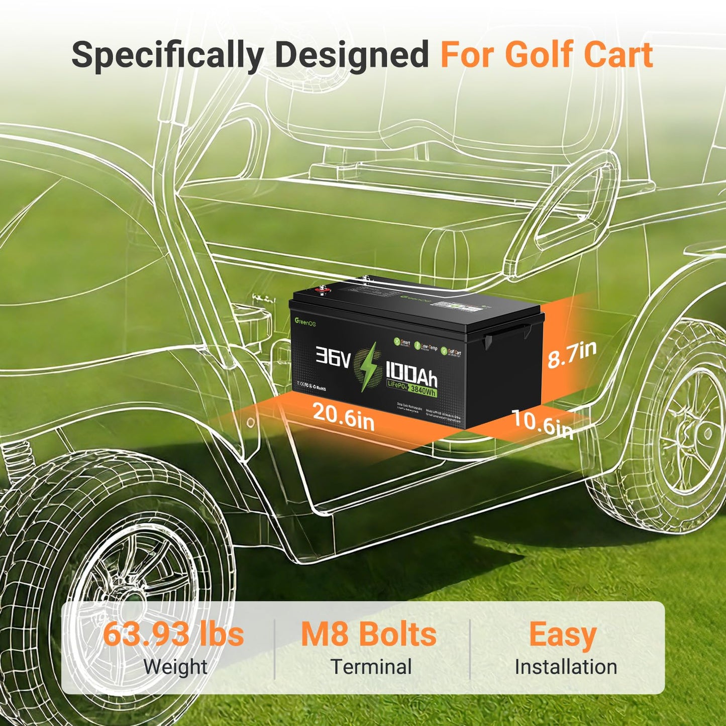 36V 100Ah Lithium Golf Cart Battery, 36V LiFePO4 Battery, Built-in 200A BMS, Golf Cart Batteries with Bluetooth APP & LCD Monitor, 43.8V 20A Charger, Max with 7.68kW Output, 1000A Peak Current
