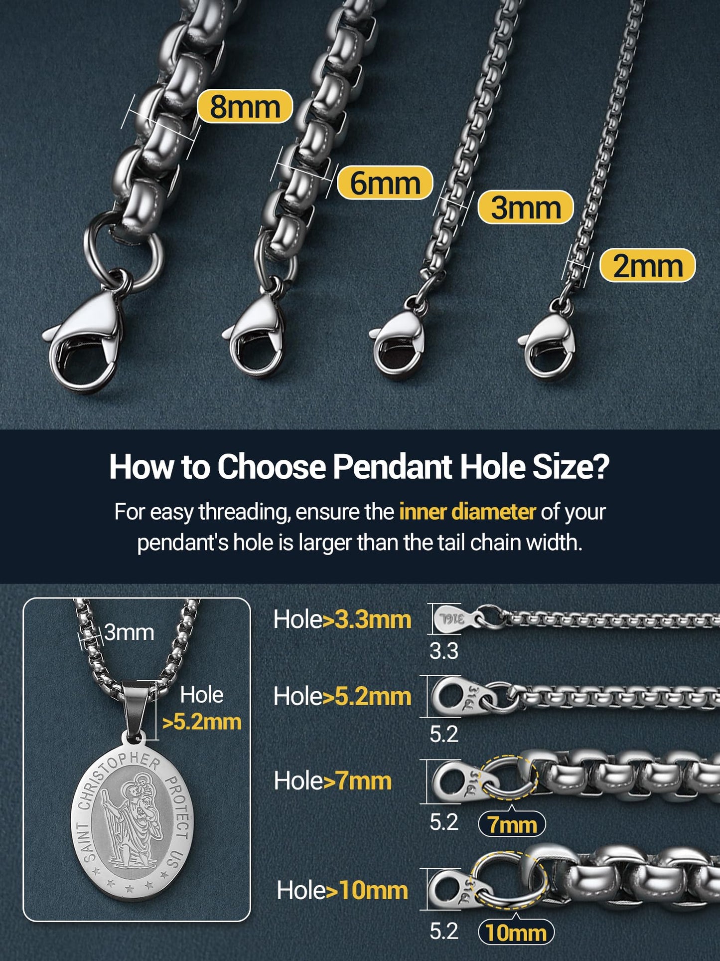 PROSTEEL Squre Rolo Link Chains, Stainless Steel Chain Necklace Waterproof & Strong Lobster Clasp 6mm Link Chains for Men and Women Jewelry with Gift Box 20in