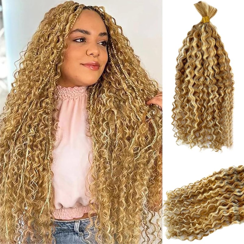 Water Wave Bulk Human Hair for Boho Knotless Braids 18 Inch Ombre Color Strawberry Blonde with Bleach Blonde Highlights No Weft 2 Bundles 100G Deep Curly Micro Extensions for Braiding