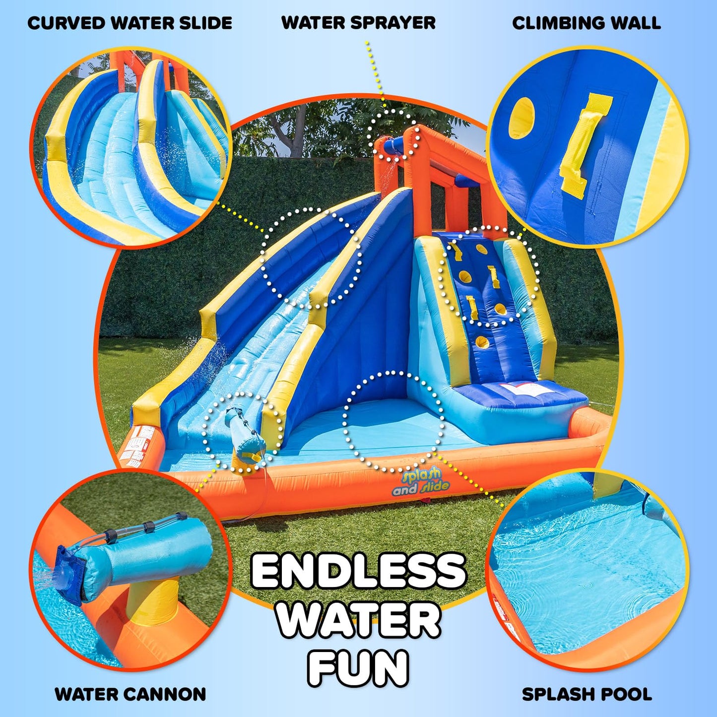 Sportspower Big Wave II Large Outdoor Inflatable Water Slide with Climbing Wall & Splash Pool, Heavy Duty, ASTM Certified, on 400W Blower