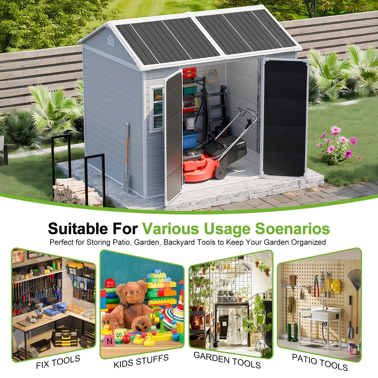 8x6 Shed, Heavy-Duty Outdoor Storage Shed with Floor, Waterproof Plastic Resin Garden Shed for Backyard, Tool Storage with Lockable Double Doors Awning Windows