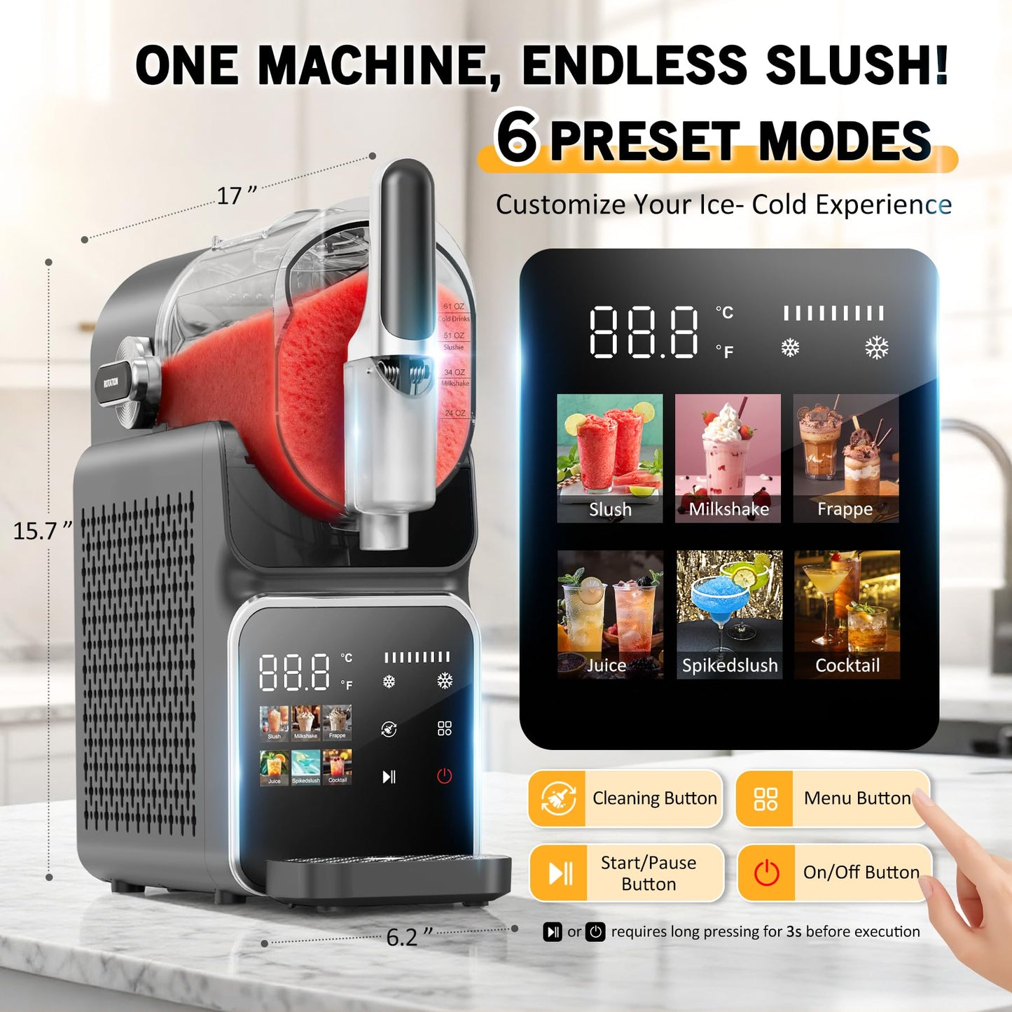 Slushie Machine, Frozen Drink Machine & Slushy Maker with Touchscreen, No Ice Needed, 6 Modes, Snow Flake Adjustment, Auto Clean, Gifts for Kitchen, Make Margaritas, Frappés, Milk Shake and More
