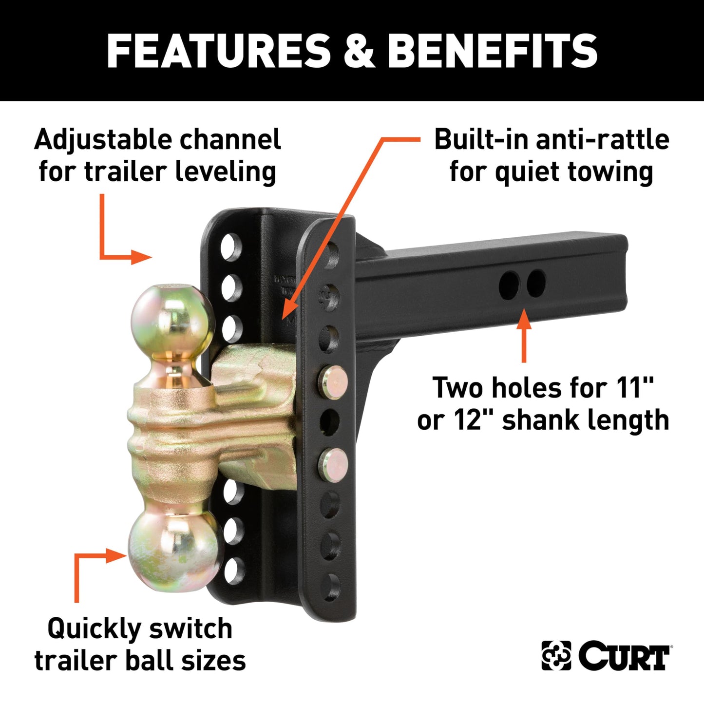 CURT 45900 Adjustable Trailer Hitch Ball Mount, 2-Inch Receiver, 6-Inch Drop, 2 and 2-5/16-Inch Balls, 14,000 lbs