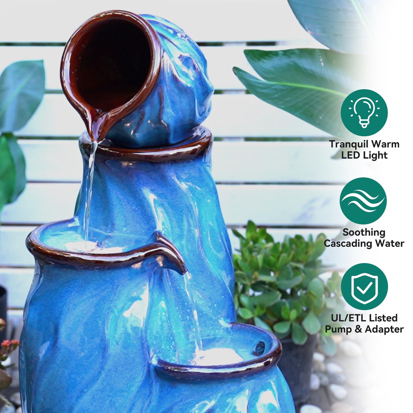 Ultym 29" Ceramic Outdoor Fountain with Lights, 4-Tier Pots Waterfalls Patio Water Fountain, Tranquil Oasis for Relaxing Garden, Yard, or Porch Decor, Turquoise, Dynamic Wave-Texture