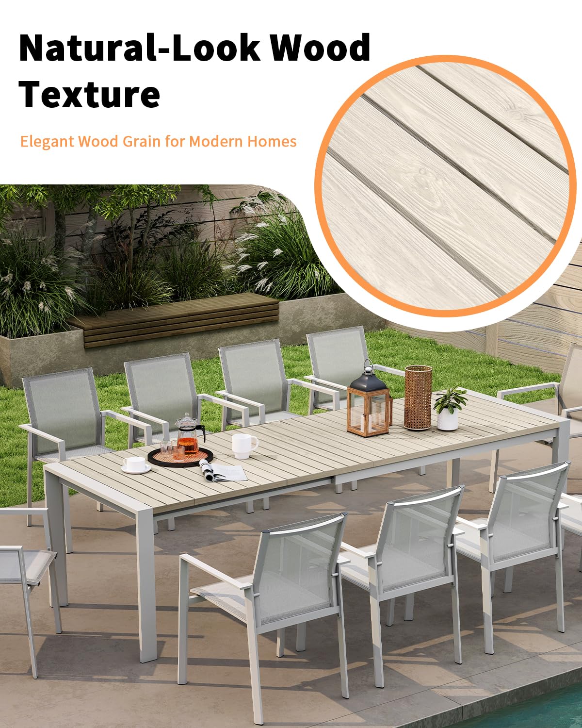 SEEHILL Extendable Outdoor Dining Table for 6-10 Person, 85"-107" Oversized Rectangular Patio Dining Table, Never-Rust Aluminum Expandable Dining Table with Faux Wood Grain Tabletop for Deck, Garden