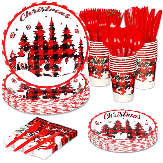 175 Pcs Christmas Paper Plates and Napkins Sets Santa Claus,Snowman,Reindeer Disposable Dinner Tableware Set With 7" Plate, 9" Plates, Napkins,Cups & Knife & Fork &Spoon Party Supplies Serve 25 Guests