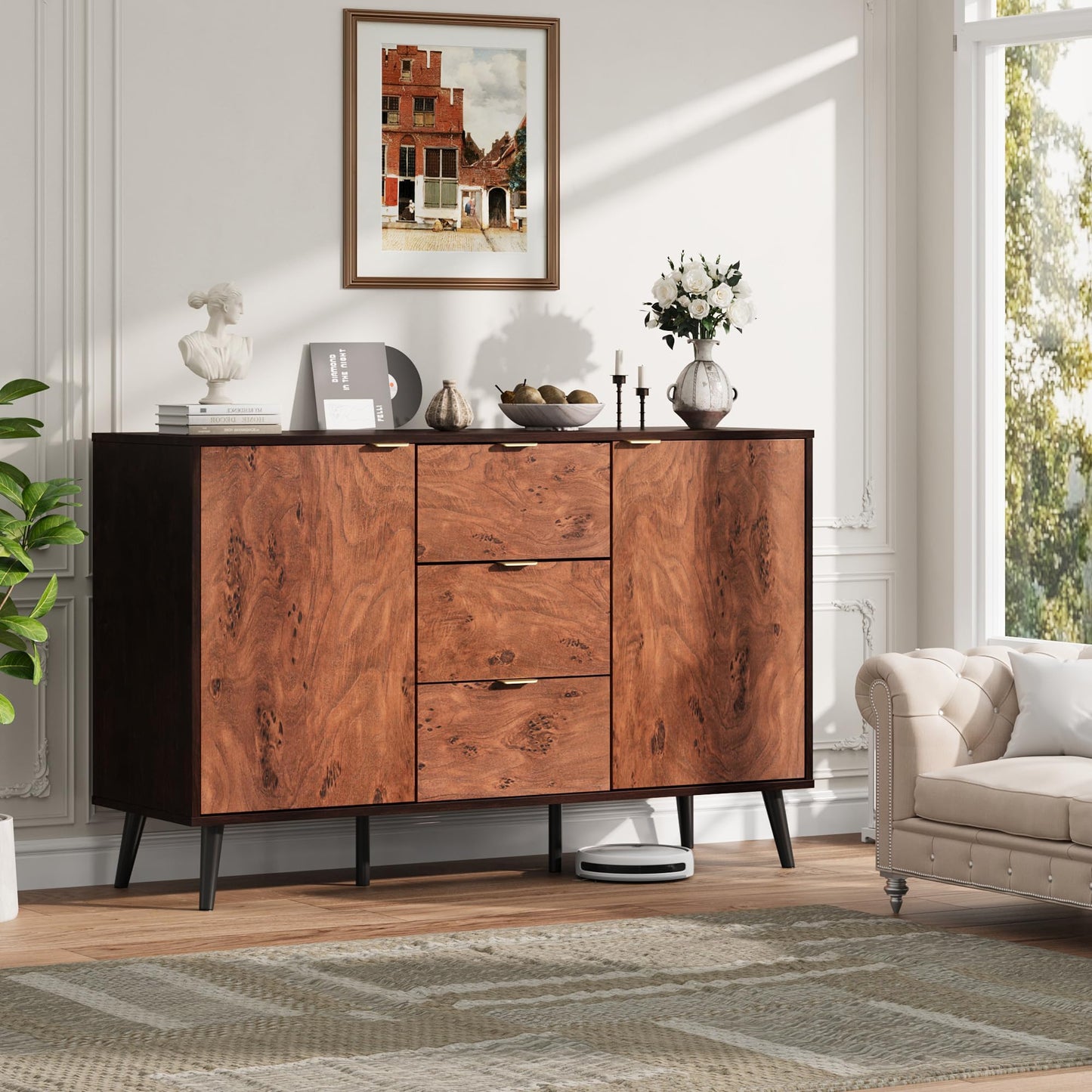 GarveeHome Buffet Cabinet with Drawers and Storage, 51.2 in Large Sideboard Buffet Credenza Storage Cabinet with Shelves and Doors, Walnut Buffet Cabinet for Dining Room, Entryway, Living Room