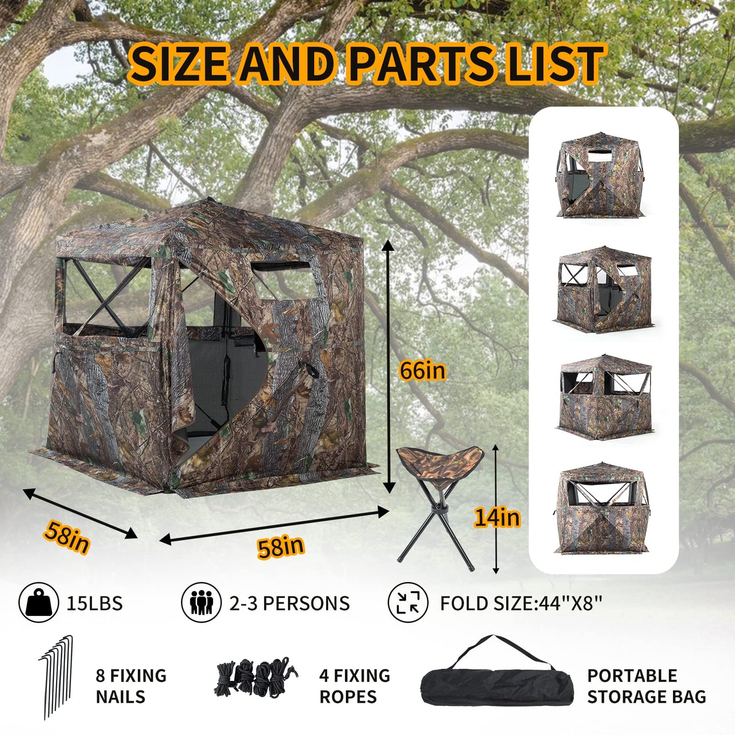 FUNHORUN Hunting Blind 270 Degree See Through Ground Blind with Chair and Carrying Bag, 2/3 Person Pop Up Camouflage Tent Portable Concealed Shelter
