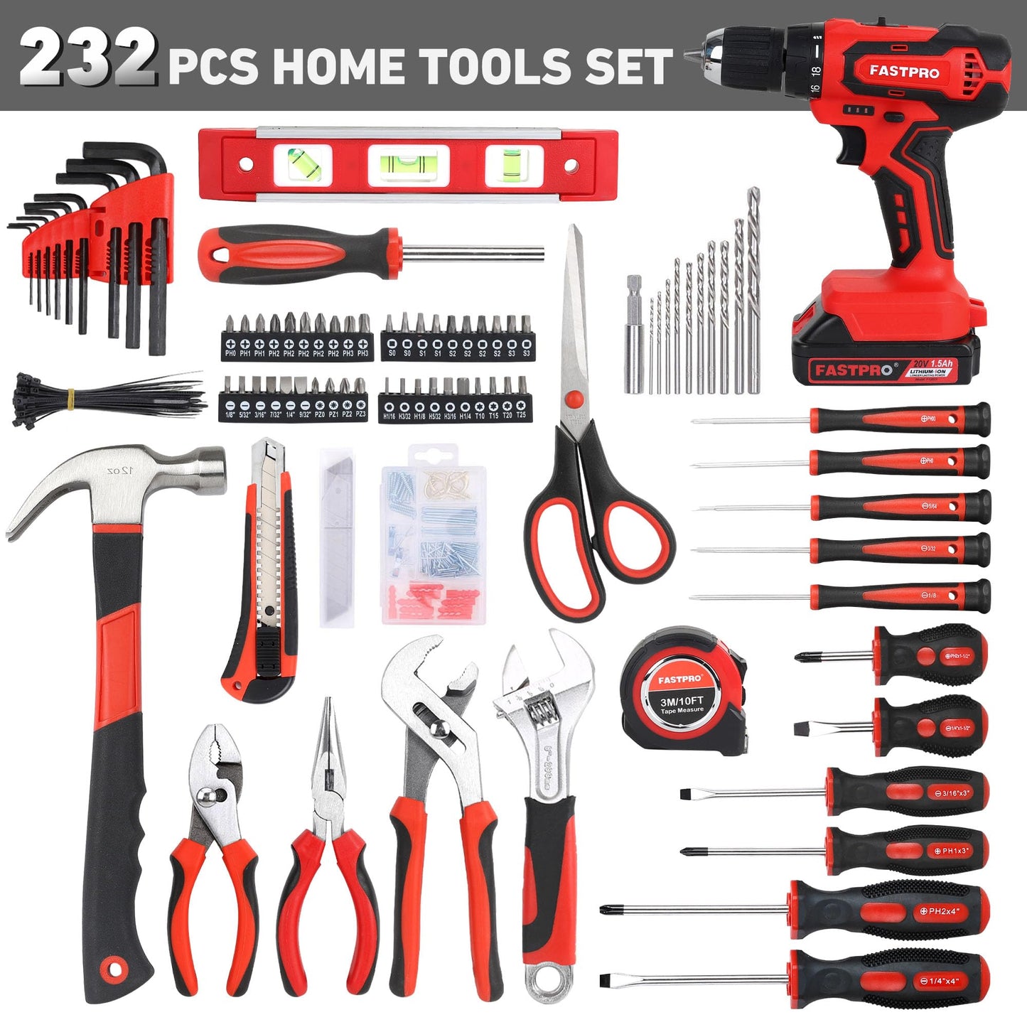 FASTPRO 232-Piece Home Tool Set with Drill, 20V Cordless Drill Driver, Household Repairing Tool Kit with Drill, 12-Inch Wide Mouth Storage Tool Bag Included, Red