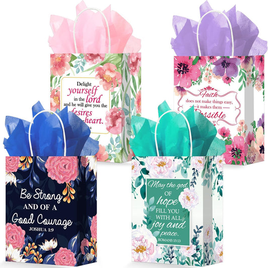 24 Pcs Religious Gift Bags Bible Gift Paper Bags with 24 Tissues Bible Verse Paper Bags with Handles Inspirational Flower Christian Gift Bags Bulk for Women Birthday Wedding Baptism Spring Party Favor
