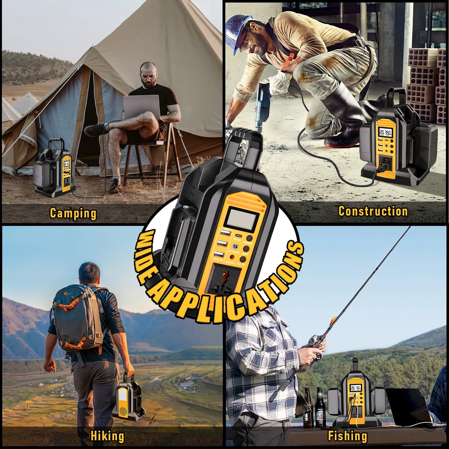 DTEZTECH 350W Power Inverter for Dewalt 20V/60V Batteries, Dual Battery DC 20V to AC 110-120V Pure Sine Wave with 3 USB Ports & LED Work Light, Portable Camping & Emergency Power Station (Tool Only)