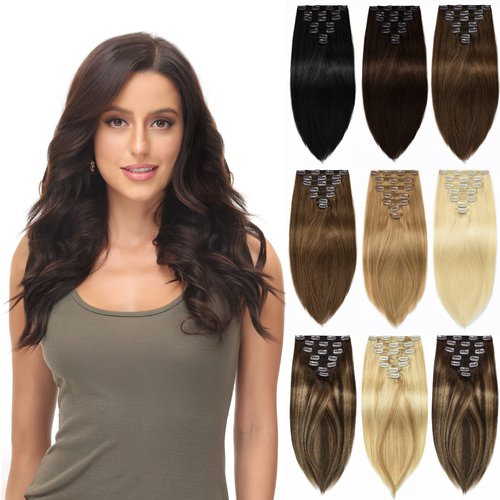 Rose bud Clip in Hair Extensions Real Human Hair 7Pcs 16Clips 18Inch 150g Natural Thick Hair Extensions Human Hair Dark Brown