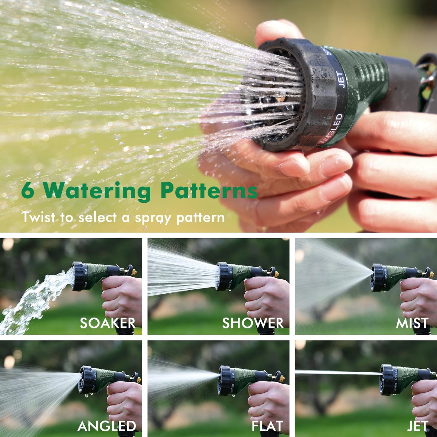 RESTMO Garden Hose Spray Nozzle, Water Hose Nozzle Heavy Duty, High Pressure Hand Sprayer with 6 Adjustable Watering Patterns, Slip Resistant for Watering Plants, Car Washing & Pet Showering, Green