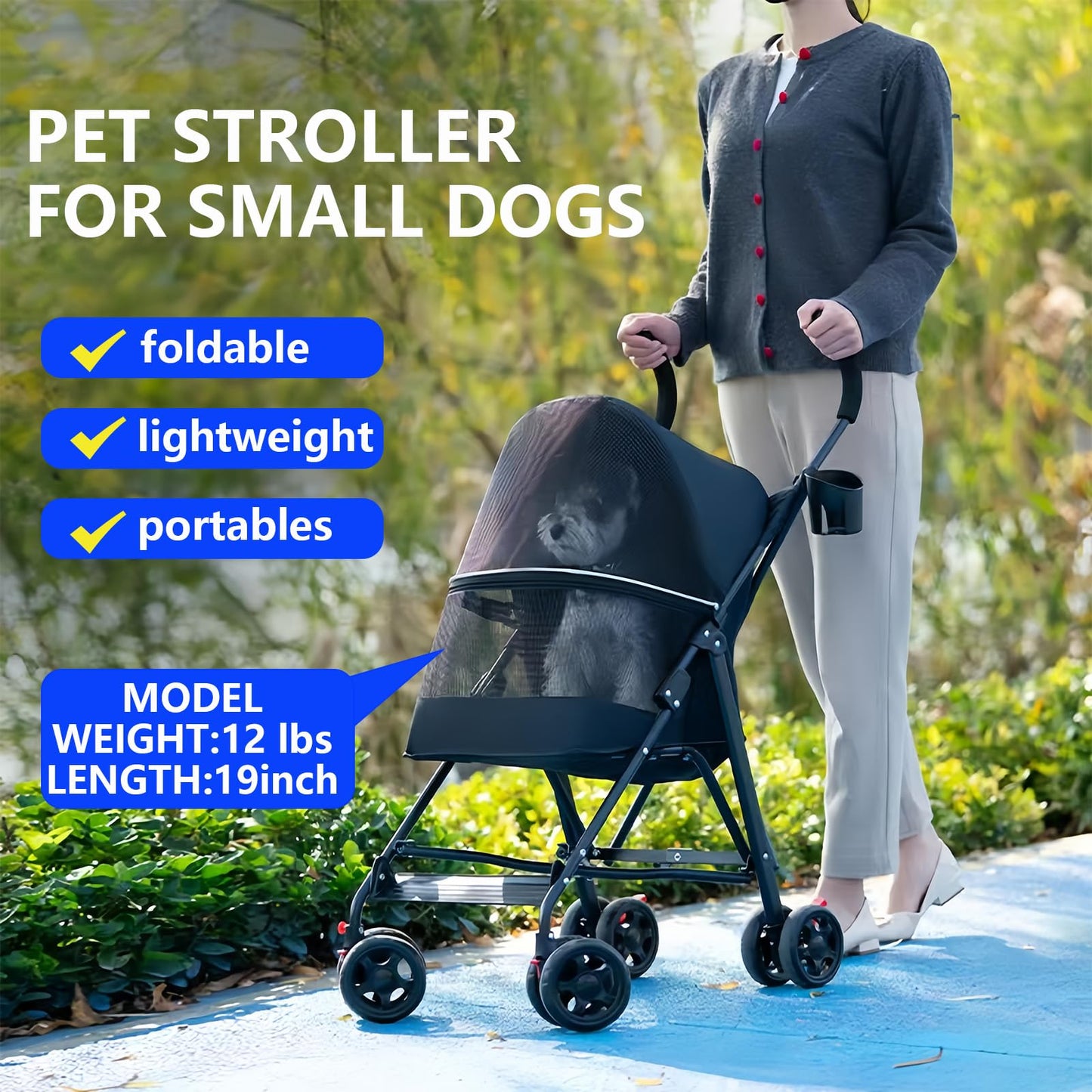 Pet Stroller with Mesh Ventilation, Lightweight Foldable Design, Cup Holder, Black