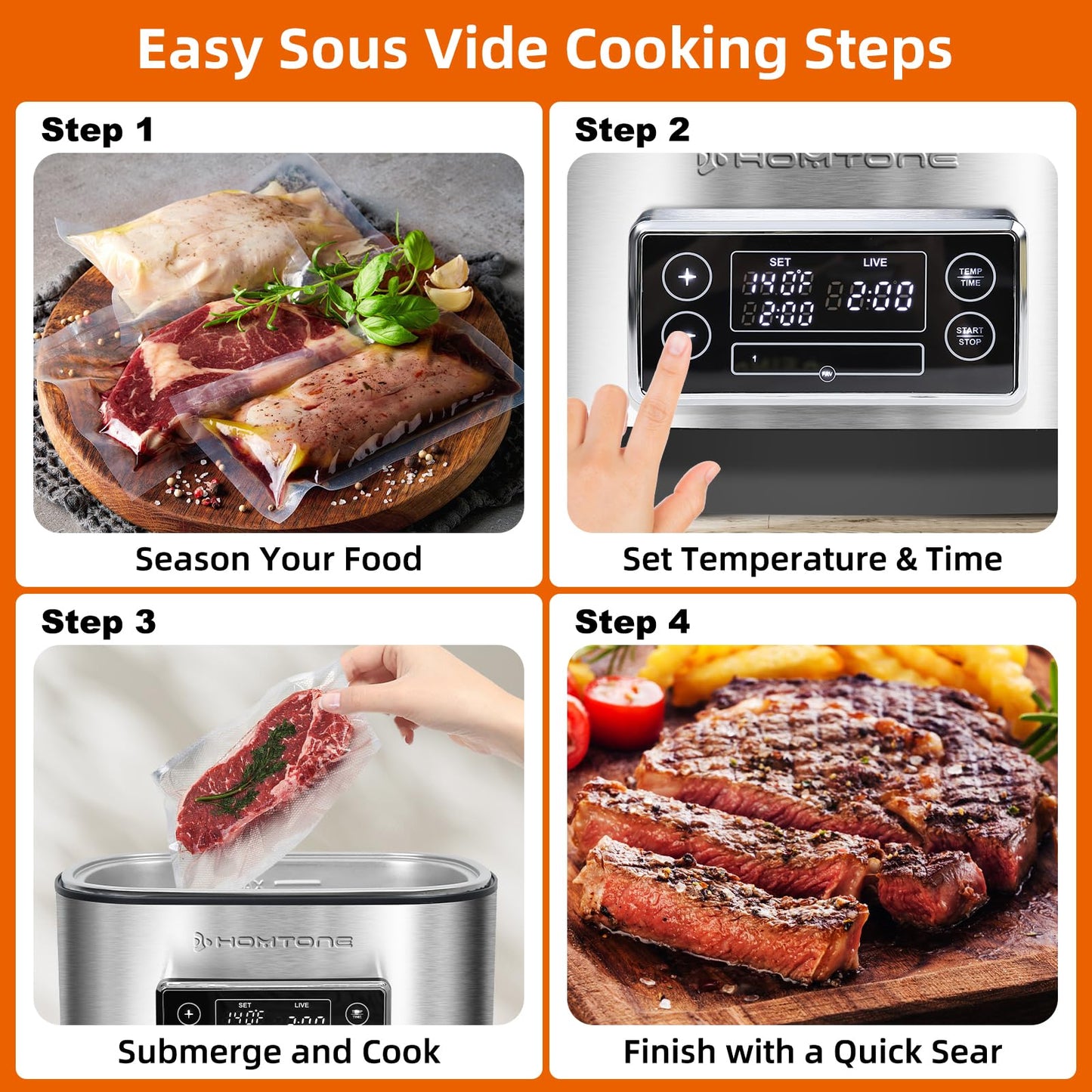 Homtone Sous Vide Cooker, 8 Quart Suveed Cooking Machine, Temperature Control Stainless Steel Sous Vide, Sous Vide Precise Cooker with Timer, Sousvide for Steak/Seafood/Poultry/Vegetables/Eggs