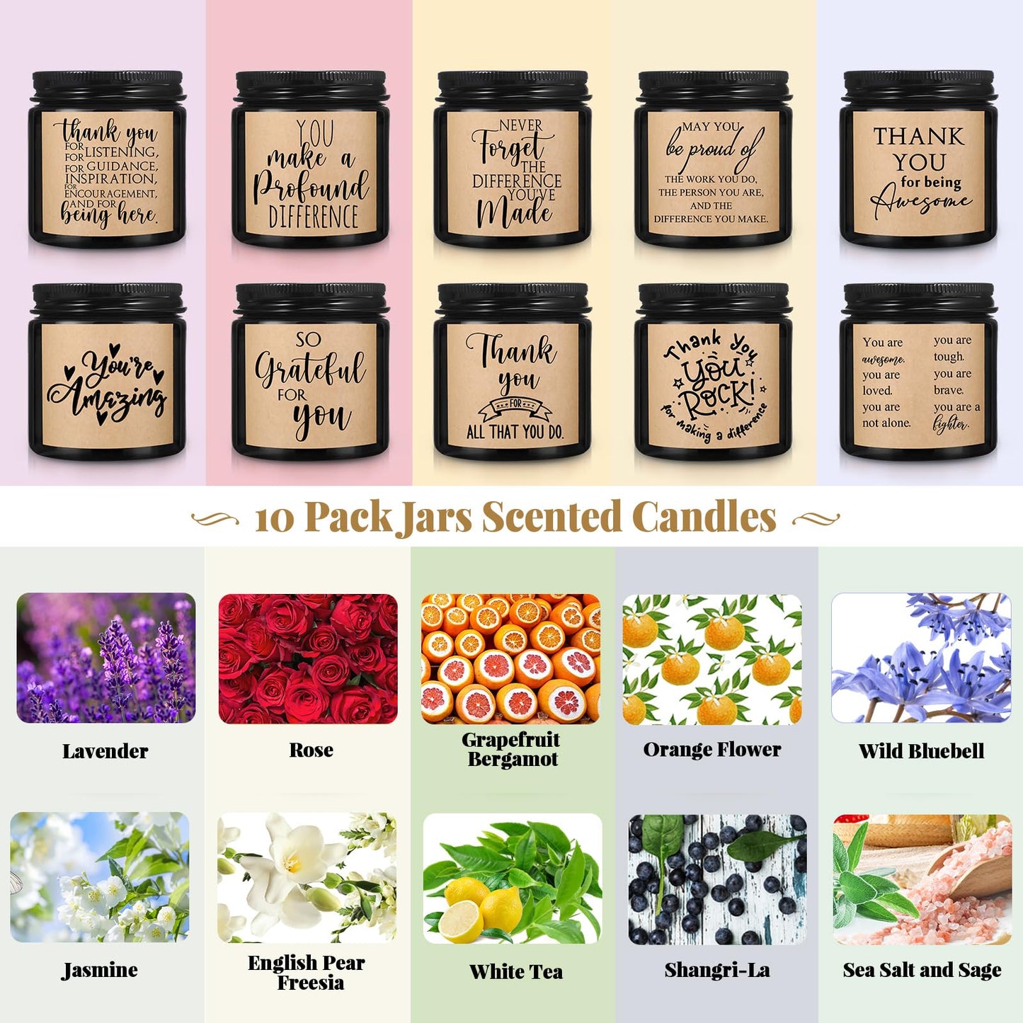 Roowest 10 Jars Candles 3.5 oz Employee Appreciation Gifts Bulk Soy Wax Jar Inspirational Candle Thank You Gift for Coworkers Women Social Worker Volunteer Teacher Nurse(Amber,Pretty,Lovely)